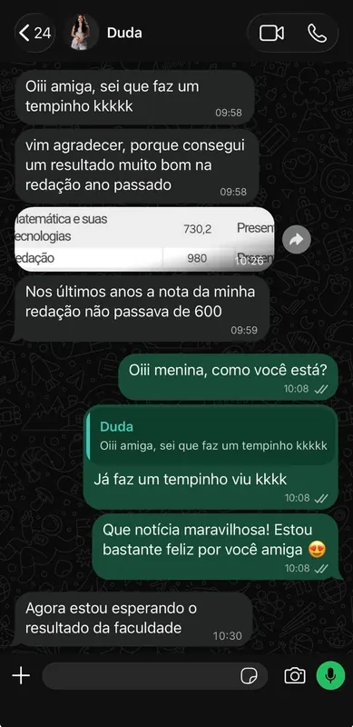 Conversa de WhatsApp: Duda conta que tirou 980 na redação