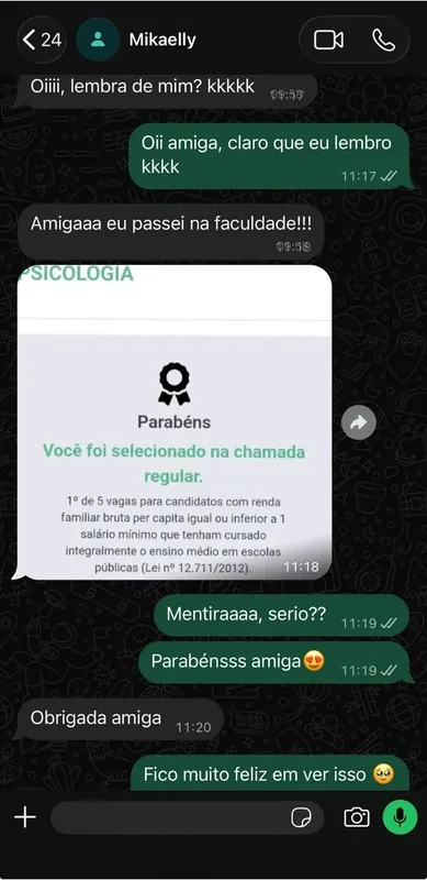 Conversa de WhatsApp: Mikaelly conta que passou em Psicologia
